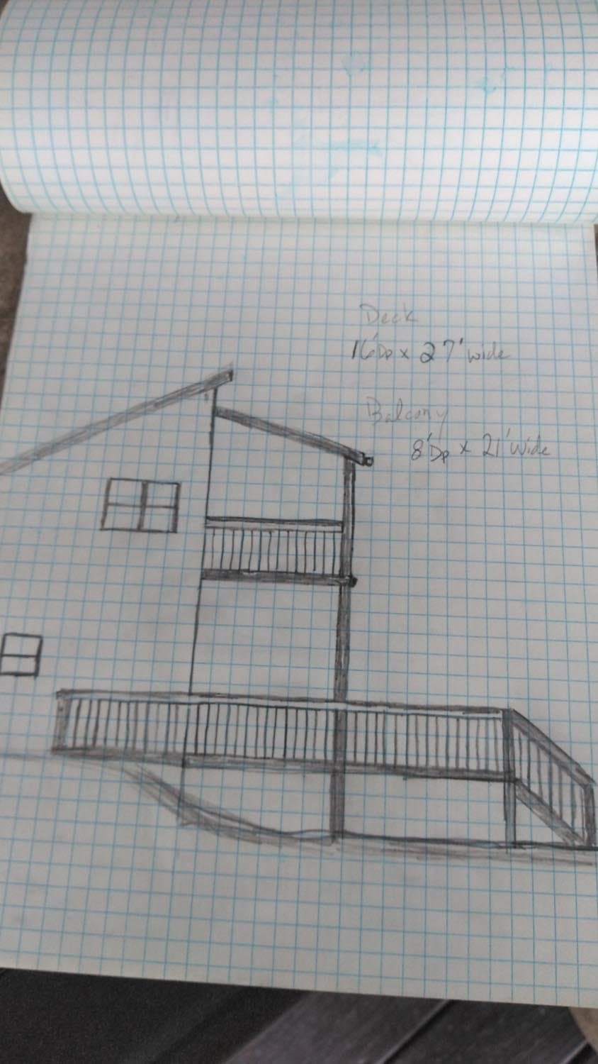 Hand-drawn deck design sketch on graph paper with measurements and balcony details